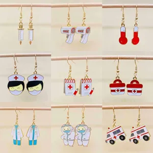 Alloy Drip Oil Medical Theme Drop Earrings Nurse Day Gift Cartoon Ambulance Thermometer Syringe Doctor Pendant Hook Earrings For Women