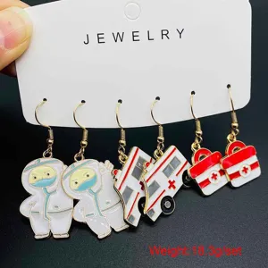 Cute medical theme alloy drop oil earrings set, nurse doctor ambulance and first aid kit design.