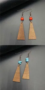 Vintage wooden dangle earrings with turquoise stones and geometric retro design for women daily