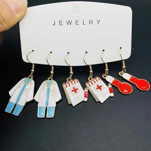 Nurse theme enamel alloy drop earrings medical doctor coat thermometer jewelry fashion