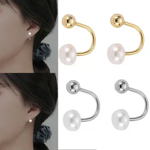 Boucles d'Oreilles Clous en Perles Artificielles en Forme de U en Acier Titane Rétro Design Minimaliste à Vis Helix pour Femme