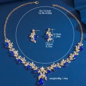 Elegantes goldfarbenes Kristall Strass blauer Tropfen Braut Halskette und Ohrringe Set.