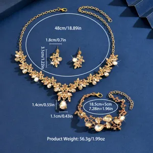 Elegantes Blumen Strass Halskette Ohrringe Armband Schmuckset mit detaillierten Massen.