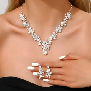 Silber Strass Blatt Halskette Ohrringe Set Braut Hochzeit Schmuck Party Accessoires Damen