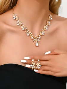 Elegante Kristall Blumen Strass Halskette Ohrringe Set Damen Schmuck Geschenk Party