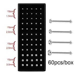 Scatola piercing naso acciaio inossidabile 60pz cristallo perni naso gioielli corpo misura assortita