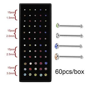 Set 60 piercing naso in acciaio inossidabile con cristalli da 1.5 2.0 2.5 mm colori