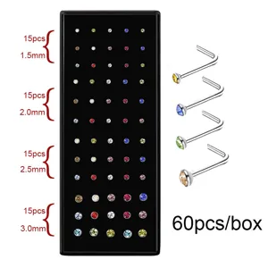 Set di 60 piercing naso a L in acciaio inox con varie misure di cristalli colorati
