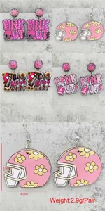 Chic pink football wooden earrings set, sports theme cute daisy drop earrings for women.