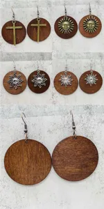 Vintage wooden drop earrings set featuring cross and sun pendants for womens fashion.