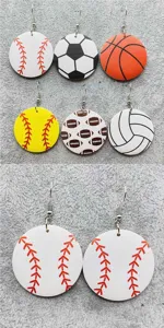 Detailed close-up view of sports ball wooden earrings featuring baseball and soccer designs.