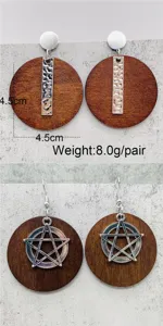 Wooden circle earrings set featuring textured silver bars and pentagram pendants, 4.5cm size.