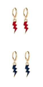 Close-up detail shot of colorful enamel lightning bolt hoop earrings in red and blue styles.
