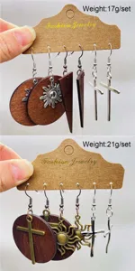 Retro wooden and metal cross sun drop earrings set for women lightweight fashion jewelry.