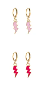 Colorful lightning bolt drop hoop earrings detail, trendy alloy enamel jewelry design.