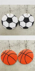Retro wooden basketball and soccer ball round drop earrings for women sports jewelry gifts
