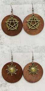 Vintage wooden drop earrings with pentagram and sun charms, retro bohemian jewelry for women.