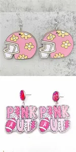 Pink football game day wooden earrings detail shot, sports themed pink drop earrings jewelry.