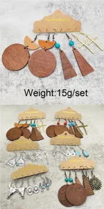 Detailed view of vintage western cowboy wooden and metal earring sets featuring turquoise and cross.