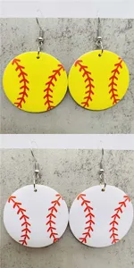 Wooden baseball softball round dangle earrings sports theme retro fashion jewelry for women