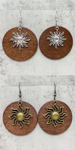 Retro wooden earrings featuring sun and star metal pendants, perfect daily statement jewelry.