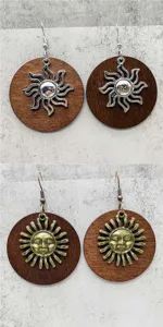 Vintage wooden sun pendant drop earrings, retro geometric metal dangle earrings for women.