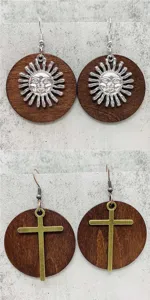 Vintage wooden drop earrings featuring sun face and cross charms for women retro jewelry style.