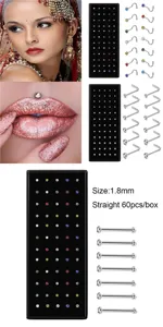 Set piercing naso in acciaio inossidabile, perni dritti e curvi con bellissimi cristalli.