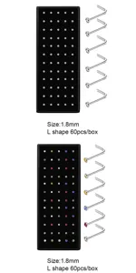 1.8mm perni per piercing al naso in acciaio inossidabile a forma di L con cristalli 60pz