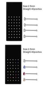Dettaglio piercing naso in acciaio inossidabile scatola 40 pz diritti 2.5mm con strass colorati.