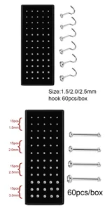 Set di piercing per naso in acciaio inossidabile con zirconi, 60 pezzi, dimensioni 1.5-3.0 mm.
