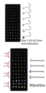 60pz acciaio inossidabile anello naso set cristallo piercing gioielli taglia da 1.5 a 3mm
