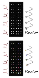 Piercing naso a L in acciaio inox, 60 pezzi per scatola, misure da 1.5mm a 3.0mm vista dettaglio.