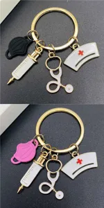 Cute medical theme keychain nurse hat stethoscope syringe mask charms key ring.