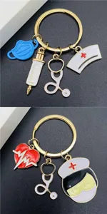 Nurse theme keychain medical doctor mask stethoscope enamel metal key ring pendant decor