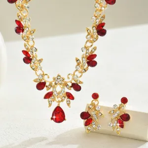 Braut Kristall Halskette und Ohrringe Set rote Strasssteine Hochzeit Schmuck Zubehör
