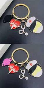 Detailed view of the medical theme metal keychain featuring nurse hat and stethoscope charms.
