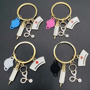 Nurse keychain medical theme metal keyring with stethoscope syringe nurse hat charms for gifts