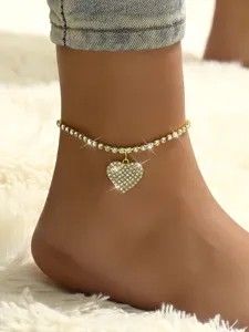 Catena da caviglia con cuore in strass d'oro da donna gioiello di piede scintillante