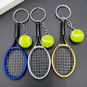 Tennis racket keychain set, sports key ring pendant for bags, car keys, and sports fans.