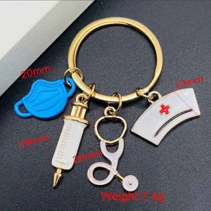 Medical nurse keychain with cute stethoscope syringe charms metal key ring accessory gift