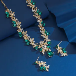 Vergoldetes grünes Kristall Blatt Halskette Ohrringe Schmuckset für Hochzeitsabendkleid.