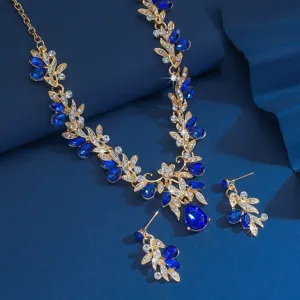 Elegantes blaues Kristall Blatt Halskette Ohrringe Set für Damen Hochzeit Party Schmuck.