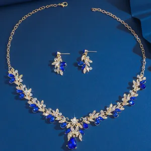 Braut Kristall Halskette und Ohrringe Set mit blauen Tropfensteinen für Hochzeitskleid.