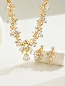 Goldenes Blumen-Kristall-Halsketten- und Ohrring-Set elegante Strass-Braut-Schmuck für Damen