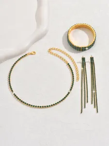 Elegant emerald rhinestone jewelry set including necklace bracelet and drop earrings for women.