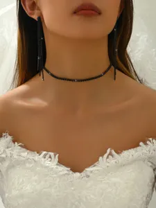 Black rhinestone choker necklace long tassel earrings set for women elegant party jewelry