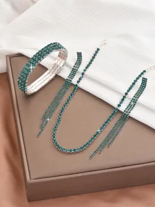 Green rhinestone jewelry set including bracelet necklace and earrings, elegant design.