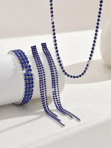 Blue rhinestone jewelry set detail, crystal tennis necklace bracelet long tassel earrings.