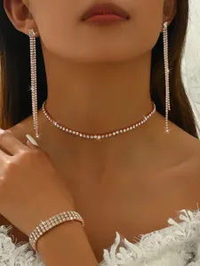 Chic rose gold rhinestone choker necklace long earrings bracelet 3-piece jewelry set for women